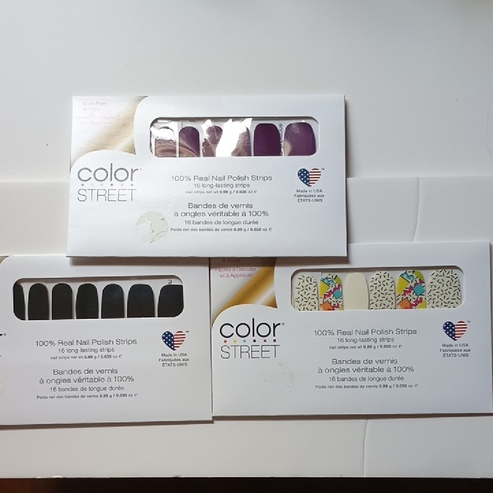 Color Street Nail Polish Strips Trio - Purple, Black, Multicolor